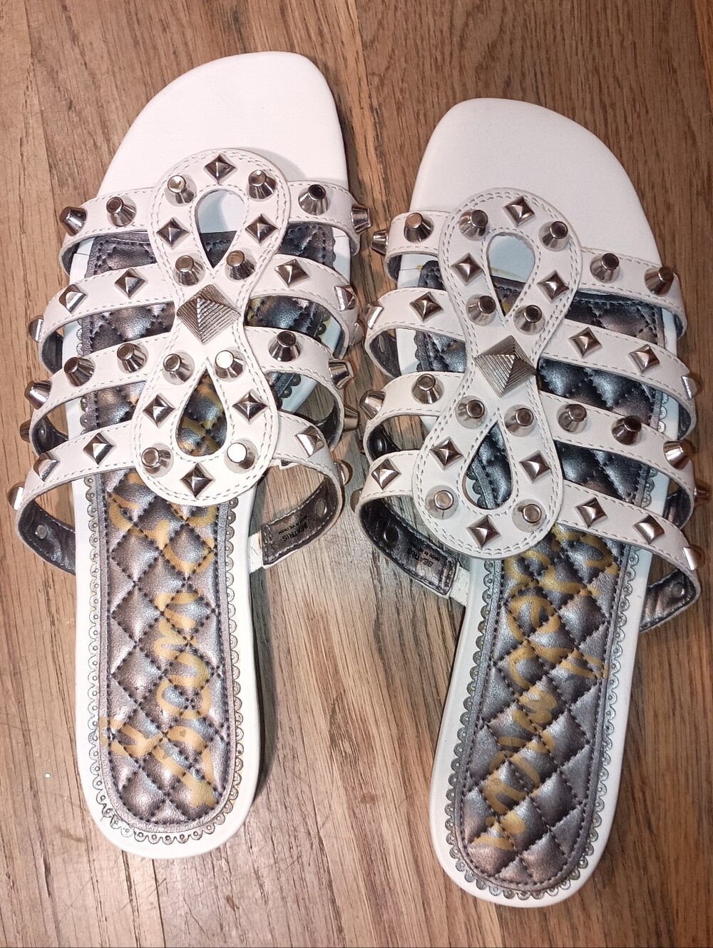 Sam Edelman White Leather Silver Studded Flat Slide On Sandals Size 9.5M